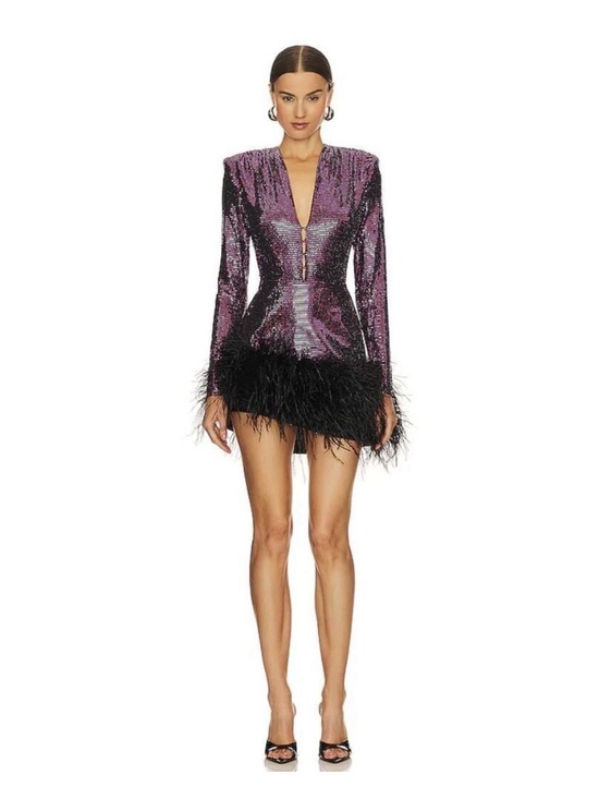 Bronx and Banco Dresses & Skirts - Bronx and Banco Purple Sequin Mini Dress with Black Feather Hem